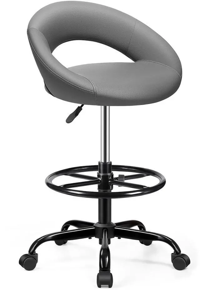 Main image of Drafting Chair for Standing Desk, Height Adjustable Rolling Stool | Barstool with Backrest & Footrest, Tall 360° Swivel PU Leather Shop Stool Chair with Wheels for Office, Counter Height, Gray