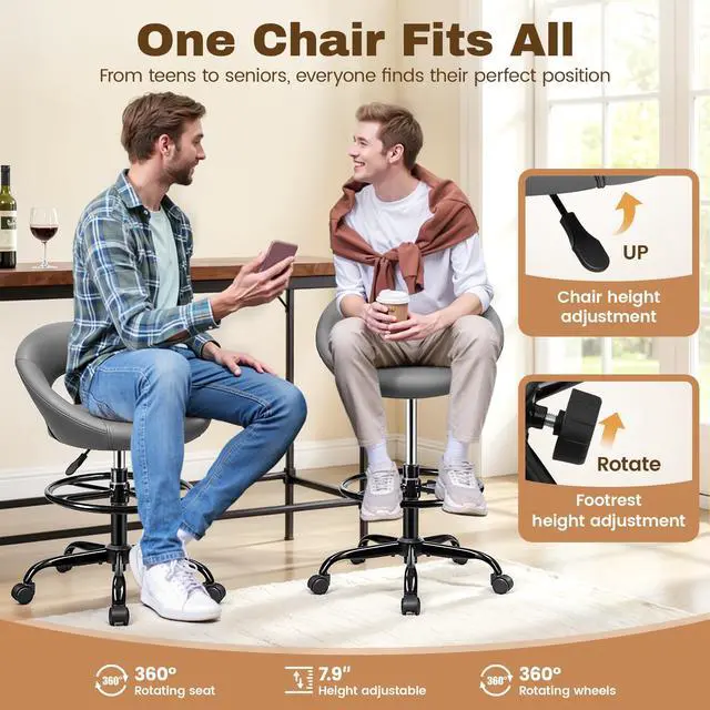 Alt view image 6 of 7 - Ergonomic Drafting Chair, Height Adjustable Rolling Stool, Gray | 360° Swivel PU Leather Stool with Wheels & Foot Rest for Home Office, Standing Desk Kitchen Garage Salon Shop Vanity, 2 Pack