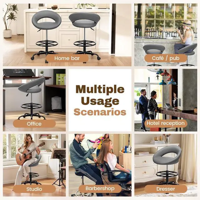 Alt view image 7 of 7 - Ergonomic Drafting Chair, Height Adjustable Rolling Stool, Gray | 360° Swivel PU Leather Stool with Wheels & Foot Rest for Home Office, Standing Desk Kitchen Garage Salon Shop Vanity, 2 Pack