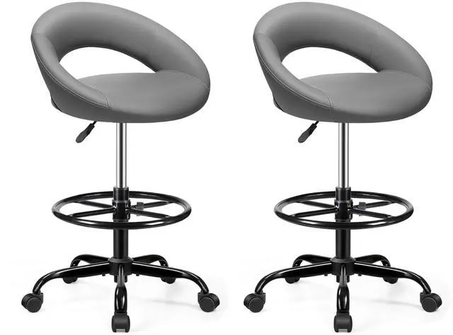 Main image of Ergonomic Drafting Chair, Height Adjustable Rolling Stool, Gray | 360° Swivel PU Leather Stool with Wheels & Foot Rest for Home Office, Standing Desk Kitchen Garage Salon Shop Vanity, 2 Pack