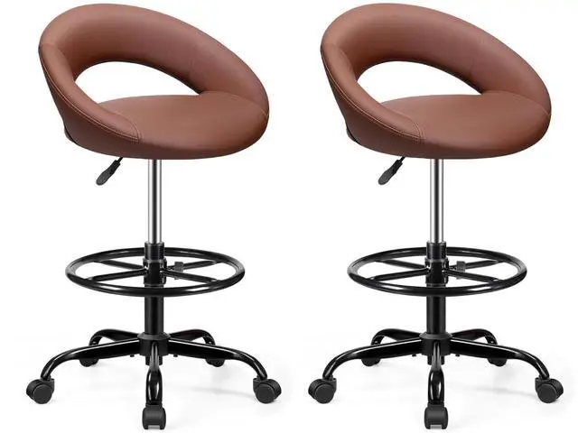 Main image of Office Drafting Chair, Adjustable Counter Height Rolling Stool | Swivel PU Leather Stool with Wheels & Foot Rest for Home Office, Standing Desk Kitchen Garage Salon Shop Vanity, Brown 2 Pack