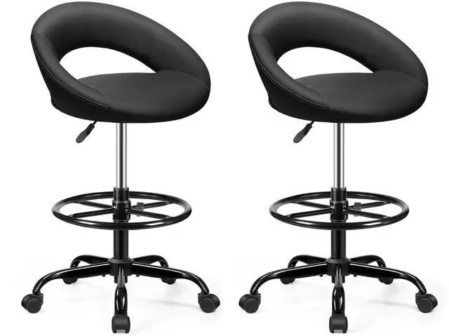 Main image of Office Drafting Chair, Counter Height Barstools with Back Support | Shop Rolling Swivel Chair for Standing Desk with Foot Rest & Wheels, Kitchen Island Salon Home Vanity Garage, Black 2 Pack