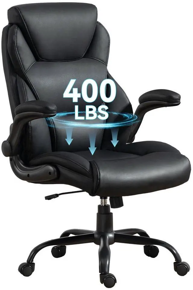 Main image of 400LBS Big and Tall Office Chair, Heavy Duty Leather Executive Desk Chair with Padded Flip-up Arms, Swivel Rolling Computer Chair for Home Office, Black