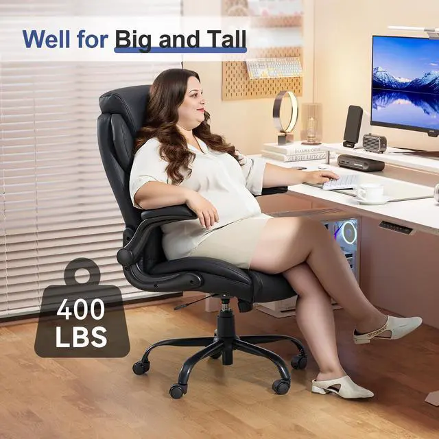 Alt view image 2 of 7 - 400LBS Big and Tall Office Chair, Heavy Duty Leather Executive Desk Chair with Padded Flip-up Arms, Swivel Rolling Computer Chair for Home Office, Black