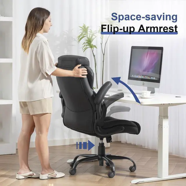 Alt view image 4 of 7 - 400LBS Big and Tall Office Chair, Heavy Duty Leather Executive Desk Chair with Padded Flip-up Arms, Swivel Rolling Computer Chair for Home Office, Black