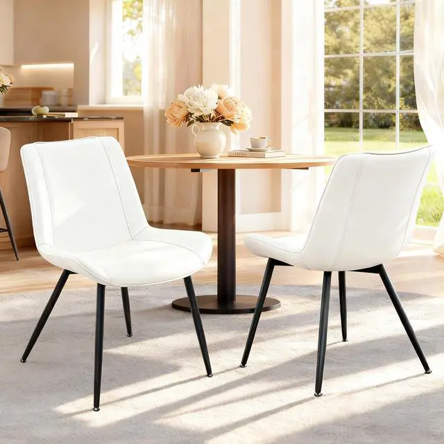 Alt view image 2 of 7 - Dining Chairs Set of 2, PU Leather Modern Armless Kitchen Dining Room Chairs, Upholstered Accent Side Chairs with Metal Legs (Pearl White)