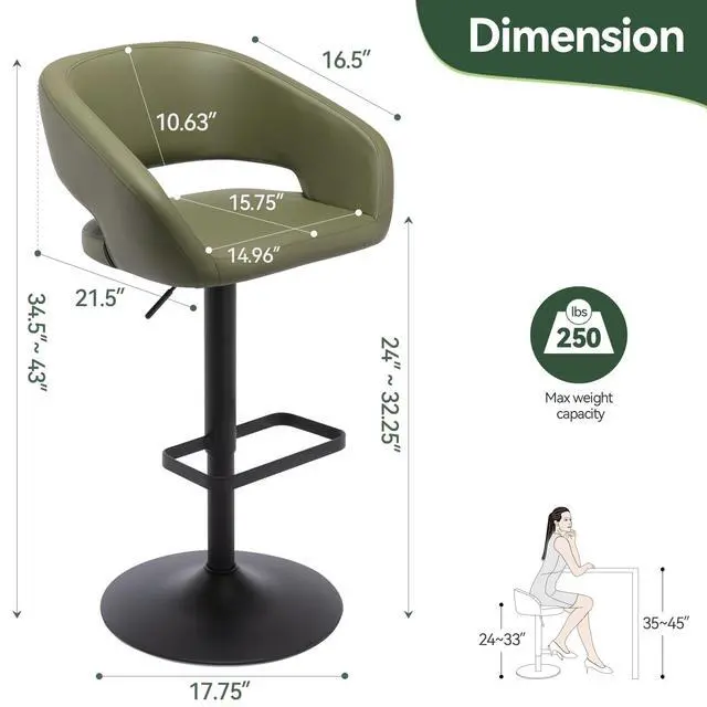 Alt view image 2 of 7 - Adjustable Bar Stool with Hollow Back and Arms, Modern PU Leather Swivel Barstool, Airlift Counter Height Bar Chair for Kitchen Dining Room (Olive Green, Black Base)