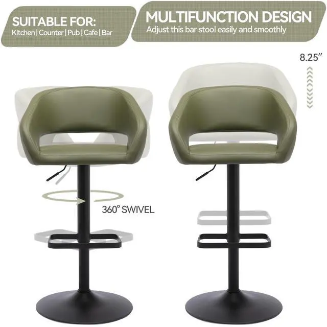 Alt view image 3 of 7 - Adjustable Bar Stool with Hollow Back and Arms, Modern PU Leather Swivel Barstool, Airlift Counter Height Bar Chair for Kitchen Dining Room (Olive Green, Black Base)