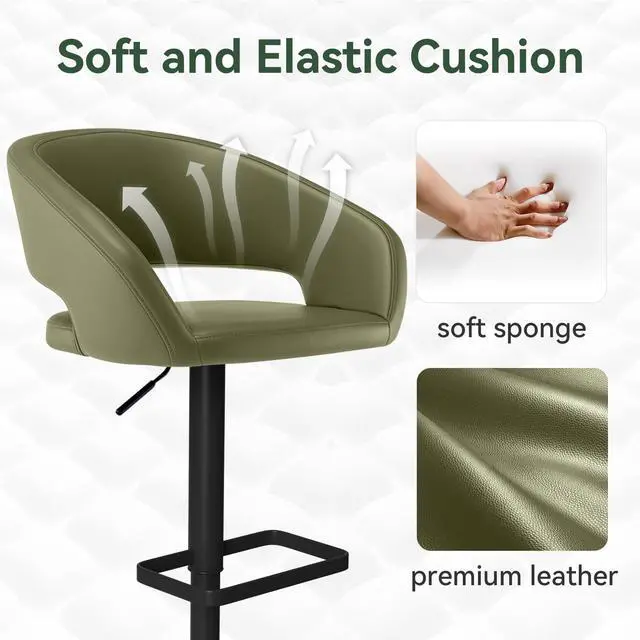 Alt view image 4 of 7 - Adjustable Bar Stool with Hollow Back and Arms, Modern PU Leather Swivel Barstool, Airlift Counter Height Bar Chair for Kitchen Dining Room (Olive Green, Black Base)