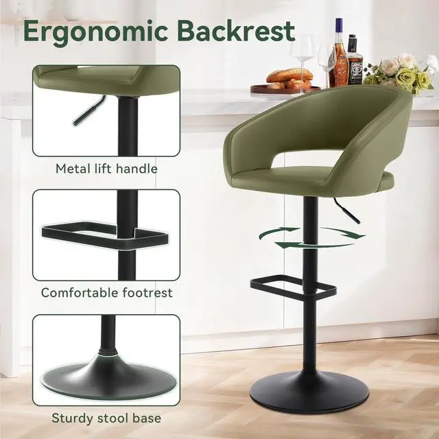 Alt view image 6 of 7 - Adjustable Bar Stool with Hollow Back and Arms, Modern PU Leather Swivel Barstool, Airlift Counter Height Bar Chair for Kitchen Dining Room (Olive Green, Black Base)