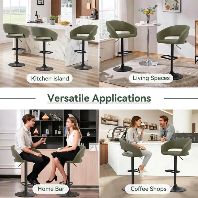 Alt view image 5 of 7 - Adjustable Bar Stool with Hollow Back and Arms, Modern PU Leather Swivel Barstool, Airlift Counter Height Bar Chair for Kitchen Dining Room (Olive Green, Black Base)