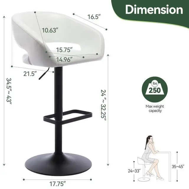 Alt view image 2 of 7 - Adjustable Bar Stool with Hollow Back and Arms, Modern PU Leather Swivel Barstool, Airlift Counter Height Bar Chair for Kitchen Dining Room (Pearl White, Black Base)