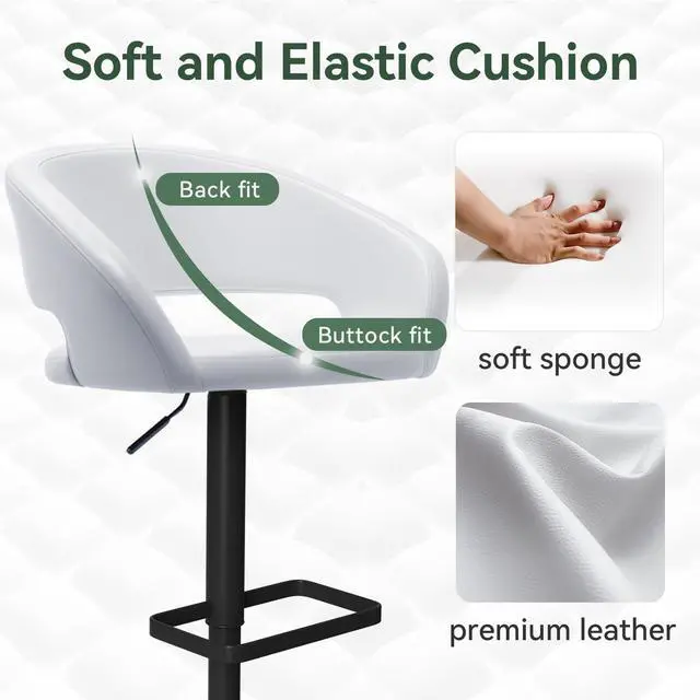 Alt view image 4 of 7 - Adjustable Bar Stool with Hollow Back and Arms, Modern PU Leather Swivel Barstool, Airlift Counter Height Bar Chair for Kitchen Dining Room (Pearl White, Black Base)