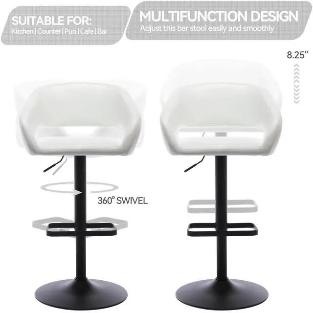 Alt view image 3 of 7 - Adjustable Bar Stool with Hollow Back and Arms, Modern PU Leather Swivel Barstool, Airlift Counter Height Bar Chair for Kitchen Dining Room (Pearl White, Black Base)