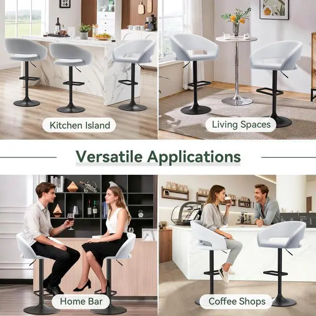 Alt view image 5 of 7 - Adjustable Bar Stool with Hollow Back and Arms, Modern PU Leather Swivel Barstool, Airlift Counter Height Bar Chair for Kitchen Dining Room (Pearl White, Black Base)