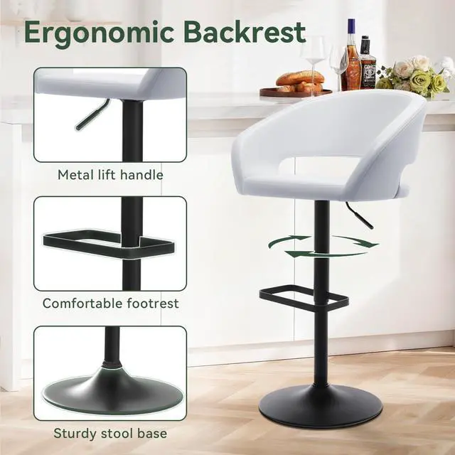 Alt view image 6 of 7 - Adjustable Bar Stool with Hollow Back and Arms, Modern PU Leather Swivel Barstool, Airlift Counter Height Bar Chair for Kitchen Dining Room (Pearl White, Black Base)
