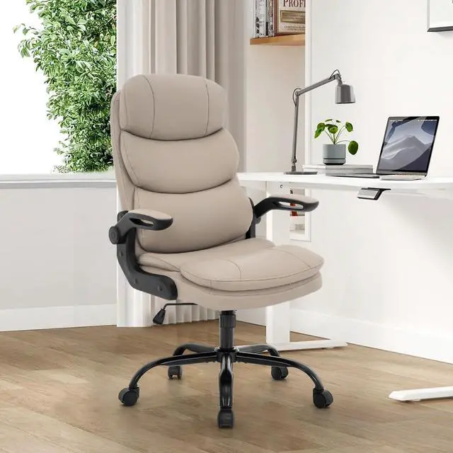 Main image of Ergonomic Office Chair High Back with Lumbar Support, PU Leather Executive Desk Chair, Adjustable Height & Flip-Up Arms, Swivel Rolling Computer Chair for Home Office (Beige)