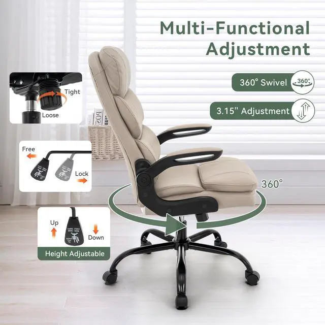 Alt view image 3 of 7 - Ergonomic Office Chair High Back with Lumbar Support, PU Leather Executive Desk Chair, Adjustable Height & Flip-Up Arms, Swivel Rolling Computer Chair for Home Office (Beige)