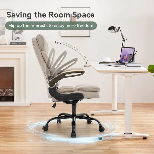 Alt view image 4 of 7 - Ergonomic Office Chair High Back with Lumbar Support, PU Leather Executive Desk Chair, Adjustable Height & Flip-Up Arms, Swivel Rolling Computer Chair for Home Office (Beige)
