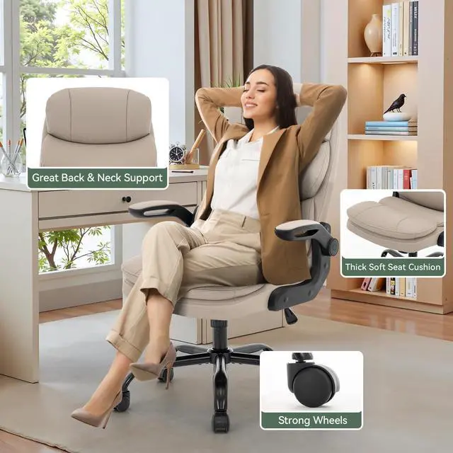 Alt view image 5 of 7 - Ergonomic Office Chair High Back with Lumbar Support, PU Leather Executive Desk Chair, Adjustable Height & Flip-Up Arms, Swivel Rolling Computer Chair for Home Office (Beige)