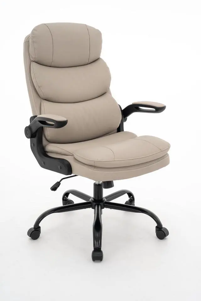 Alt view image 7 of 7 - Ergonomic Office Chair High Back with Lumbar Support, PU Leather Executive Desk Chair, Adjustable Height & Flip-Up Arms, Swivel Rolling Computer Chair for Home Office (Beige)