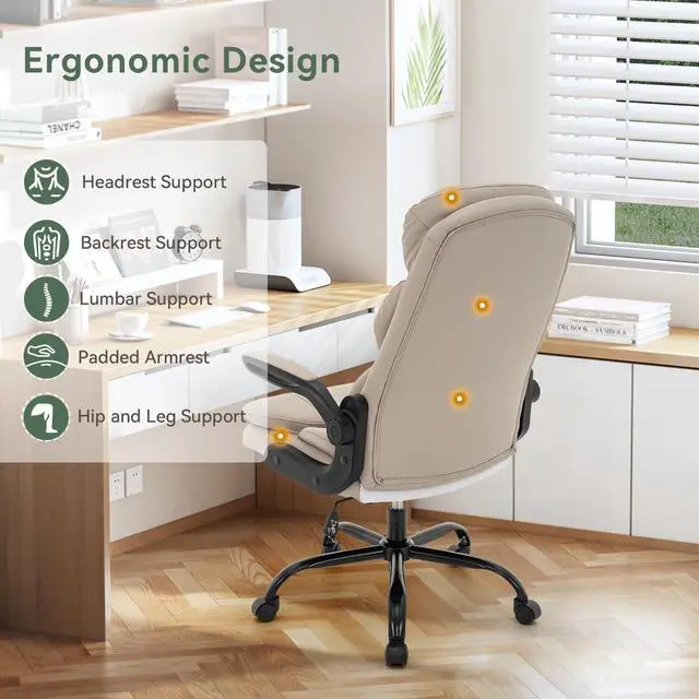 Alt view image 6 of 7 - Ergonomic Office Chair High Back with Lumbar Support, PU Leather Executive Desk Chair, Adjustable Height & Flip-Up Arms, Swivel Rolling Computer Chair for Home Office (Beige)