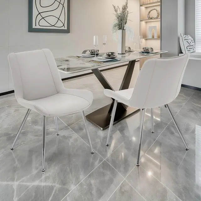 Main image of Modern PU Leather Dining Chairs, Upholstered Armless Side Chairs with Metal Legs, Accent Chairs for Dining Room, Kitchen, Living Room (Light Gray, Set of 2)