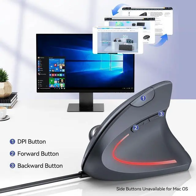 Alt view image 5 of 7 - Wired Mouse, 6400 DPI Ergonomic Mouse 6 Buttons Silent Mice 4 Adjustable DPI Vertical Mouse Compatible with Windows/Chrome/Laptop/Computer