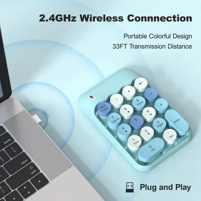 Alt view image 2 of 7 - Wireless Number Pads - Blue Numeric Keypad 18 Keys USB 2.4G Round Keycap Colorful Extensions Keypads, Financial Accounting Portable Numpad 10 Key for Laptop/PC/Notebook/Surface Pro