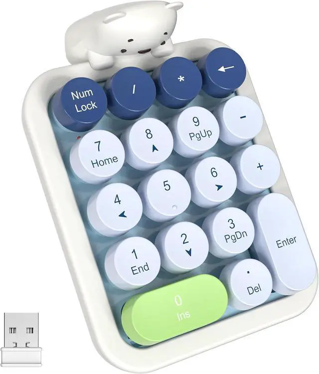 Main image of Wireless Number Pad with Bear - Mixed Blue Numeric Keypad 18 Keys 2.4G Round Keycap Colorful Extensions Cute Numpad, Portable Accounting Financial Retro Numpad 10 Key for Laptop/PC/Notebook