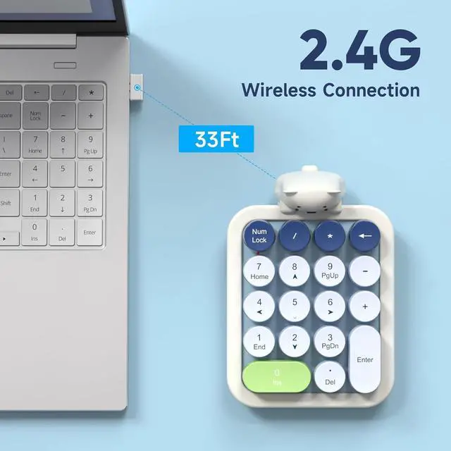 Alt view image 6 of 7 - Wireless Number Pad with Bear - Mixed Blue Numeric Keypad 18 Keys 2.4G Round Keycap Colorful Extensions Cute Numpad, Portable Accounting Financial Retro Numpad 10 Key for Laptop/PC/Notebook
