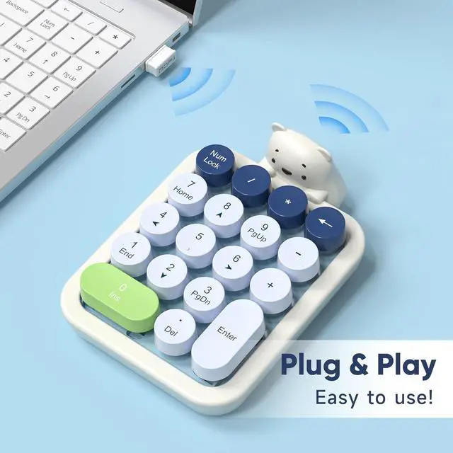 Alt view image 3 of 7 - Wireless Number Pad with Bear - Mixed Blue Numeric Keypad 18 Keys 2.4G Round Keycap Colorful Extensions Cute Numpad, Portable Accounting Financial Retro Numpad 10 Key for Laptop/PC/Notebook