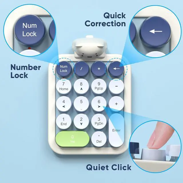 Alt view image 4 of 7 - Wireless Number Pad with Bear - Mixed Blue Numeric Keypad 18 Keys 2.4G Round Keycap Colorful Extensions Cute Numpad, Portable Accounting Financial Retro Numpad 10 Key for Laptop/PC/Notebook