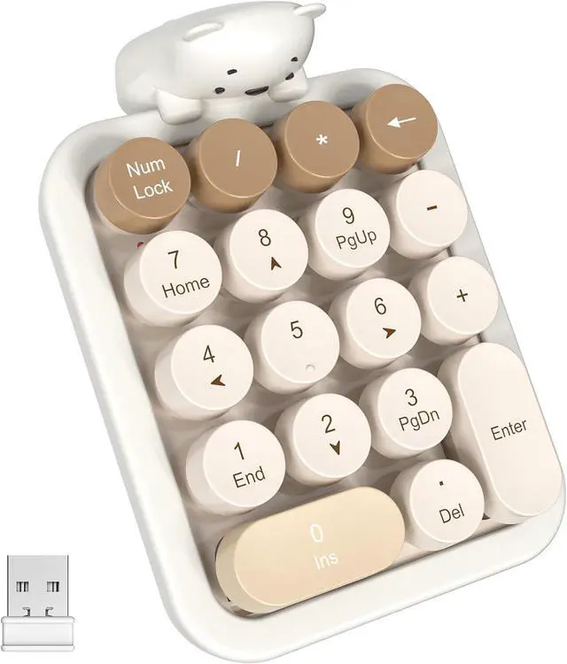 Main image of Wireless Number Pad with Bear - Mixed Milktea Numeric Keypad 18 Keys 2.4G Round Keycap Colorful Extensions Cute Numpad, Portable Accounting Financial Retro Numpad 10 Key for Laptop/PC/Notebook