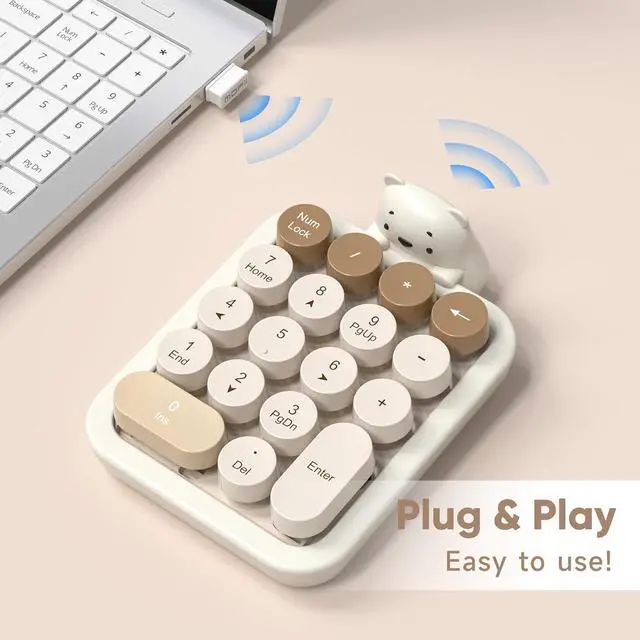 Alt view image 7 of 7 - Wireless Number Pad with Bear - Mixed Milktea Numeric Keypad 18 Keys 2.4G Round Keycap Colorful Extensions Cute Numpad, Portable Accounting Financial Retro Numpad 10 Key for Laptop/PC/Notebook