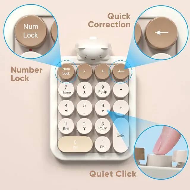 Alt view image 4 of 7 - Wireless Number Pad with Bear - Mixed Milktea Numeric Keypad 18 Keys 2.4G Round Keycap Colorful Extensions Cute Numpad, Portable Accounting Financial Retro Numpad 10 Key for Laptop/PC/Notebook