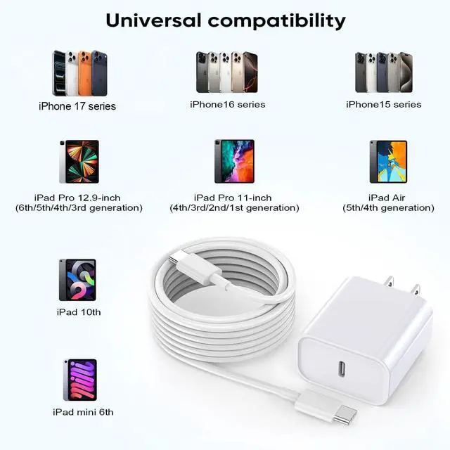 Alt view image 10 of 14 - 10FT iPhone 17 Charger Fast Charging 20W USBC Fast Charger Block Adapter with 10Feet Long USB C to USB C Cable Cord Compatible with iPhone17 Pro Max/17 Pro/17 Air/16e/16Pro/15ProMax Pro/Air/Mini