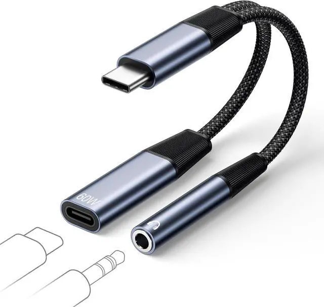 Main image of USB C to 3.5mm Jack and Charger Adapter 2 in 1 USB C Headphone Adapter Type C to Aux to USBC Splitter with PD 60W Fast Charging for iPhone 17 16 15 Pro Max Plus iPad S24/S23/S22 Pixel