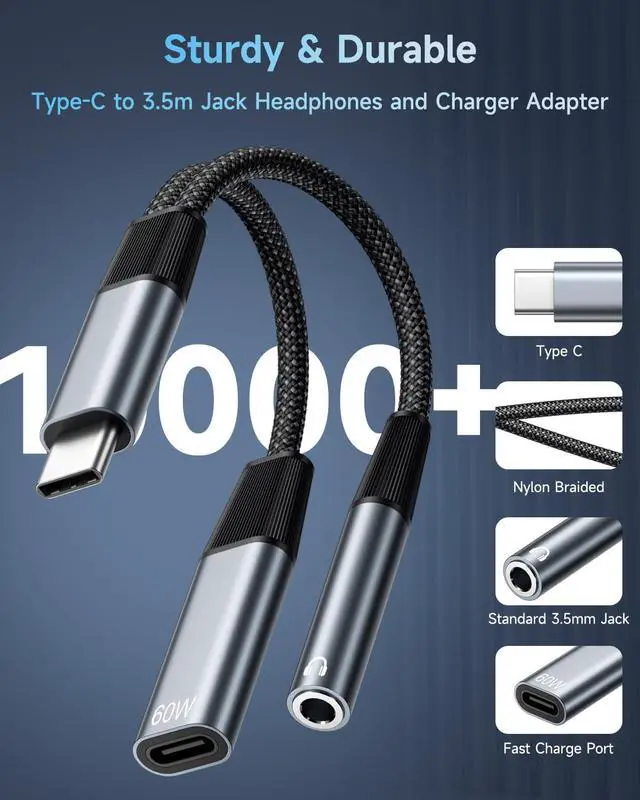 Alt view image 2 of 7 - USB C to 3.5mm Jack and Charger Adapter 2 in 1 USB C Headphone Adapter Type C to Aux to USBC Splitter with PD 60W Fast Charging for iPhone 17 16 15 Pro Max Plus iPad S24/S23/S22 Pixel