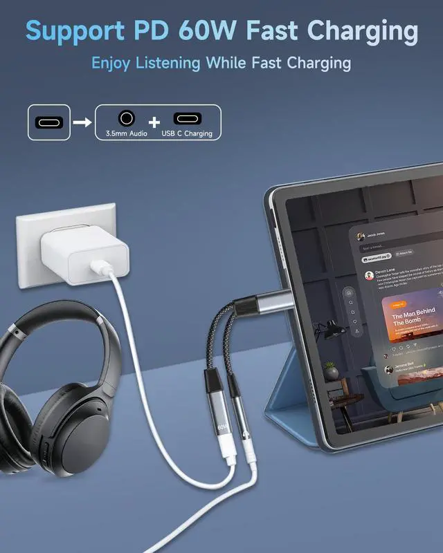 Alt view image 3 of 7 - USB C to 3.5mm Jack and Charger Adapter 2 in 1 USB C Headphone Adapter Type C to Aux to USBC Splitter with PD 60W Fast Charging for iPhone 17 16 15 Pro Max Plus iPad S24/S23/S22 Pixel