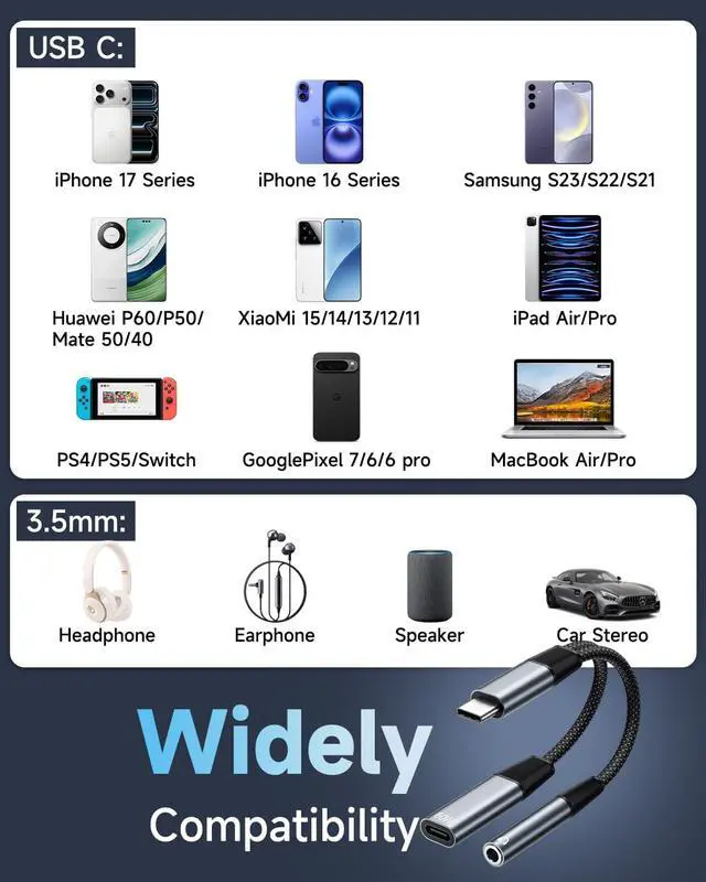 Alt view image 6 of 7 - USB C to 3.5mm Jack and Charger Adapter 2 in 1 USB C Headphone Adapter Type C to Aux to USBC Splitter with PD 60W Fast Charging for iPhone 17 16 15 Pro Max Plus iPad S24/S23/S22 Pixel