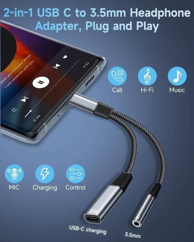 Alt view image 7 of 7 - USB C to 3.5mm Jack and Charger Adapter 2 in 1 USB C Headphone Adapter Type C to Aux to USBC Splitter with PD 60W Fast Charging for iPhone 17 16 15 Pro Max Plus iPad S24/S23/S22 Pixel