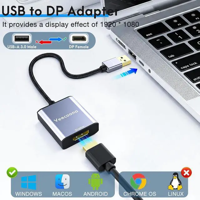 Alt view image 2 of 7 - USB to DisplayPort Adapter | 1080P 60Hz USB 3.0 Male to DisplayPort Female Monitor Converter for Windows 7/8/10/11 MAC OS - Requires Driver