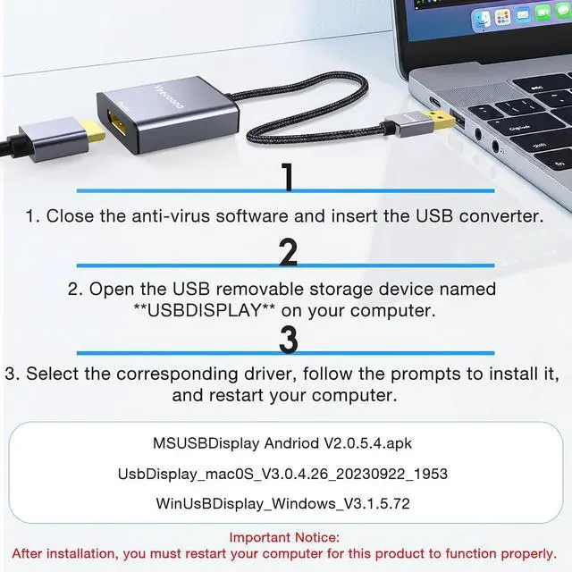 Alt view image 3 of 7 - USB to DisplayPort Adapter | 1080P 60Hz USB 3.0 Male to DisplayPort Female Monitor Converter for Windows 7/8/10/11 MAC OS - Requires Driver