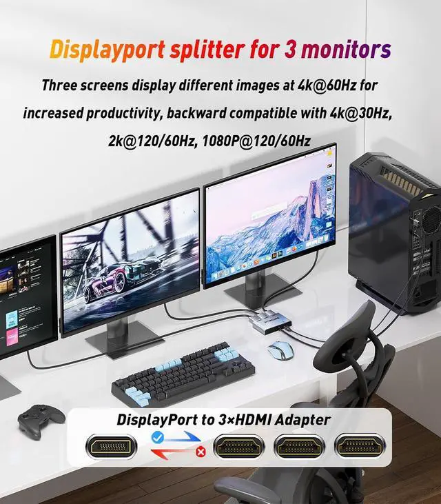 Alt view image 2 of 7 - DisplayPort to HDMI Splitter for 3 Monitors Adapter |4K@60Hz| HDMI Splitter Extended Display 1 in 3 Out MST Hub for Multiple Monitor Compatible with PC / Graphic Card
