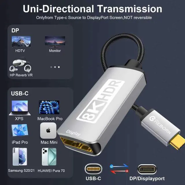 Alt view image 6 of 7 - Unidirectional USB C to DisplayPort 1.4 Adapter 32.4Gbps 4K@240hz 8K@60hz and HDR Support - Thunderbolt 3/4 to Display Port Compatible with iPad Pro iPhone 16/15 Pro MacBook Pro Surface