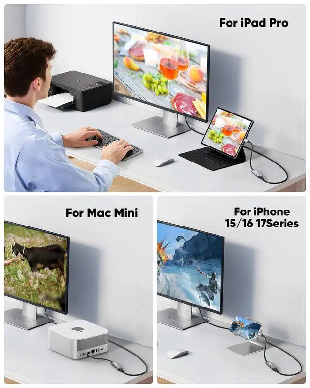 Alt view image 5 of 7 - USB C to DisplayPort 1.4 Adapter 8K@60Hz USBC to DisplayPort Adapter Compatible with Thunderbolt 5/4/3 (4K@240Hz/144Hz HDR 32.4Gbps DP) for MacBook Pro/Air iPad Surface iPhone 17/16