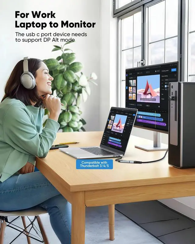 Alt view image 2 of 7 - USB C to DisplayPort 1.4 Adapter 8K@60Hz USBC to DisplayPort Adapter Compatible with Thunderbolt 5/4/3 (4K@240Hz/144Hz HDR 32.4Gbps DP) for MacBook Pro/Air iPad Surface iPhone 17/16