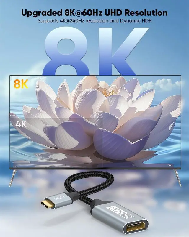 Alt view image 3 of 7 - USB C to DisplayPort 1.4 Adapter 8K@60Hz USBC to DisplayPort Adapter Compatible with Thunderbolt 5/4/3 (4K@240Hz/144Hz HDR 32.4Gbps DP) for MacBook Pro/Air iPad Surface iPhone 17/16