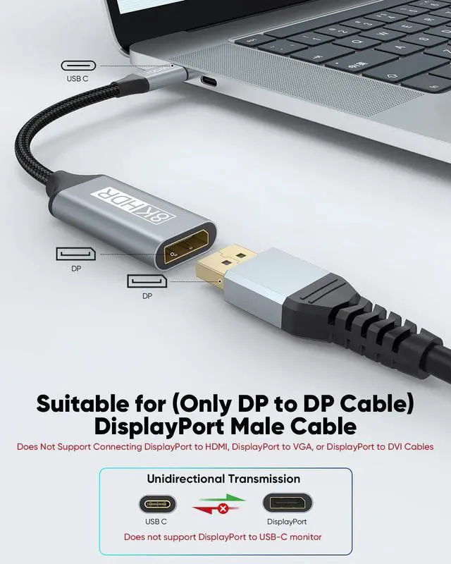 Alt view image 4 of 7 - USB C to DisplayPort 1.4 Adapter 8K@60Hz USBC to DisplayPort Adapter Compatible with Thunderbolt 5/4/3 (4K@240Hz/144Hz HDR 32.4Gbps DP) for MacBook Pro/Air iPad Surface iPhone 17/16